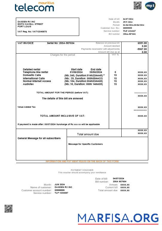 Blank Mauritius Telecom Mauritius business utility bill template in Word