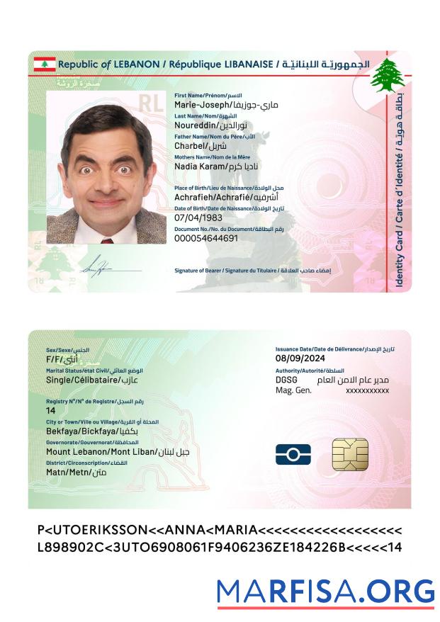 Blank Lebanon ID Card 2024 Present real example