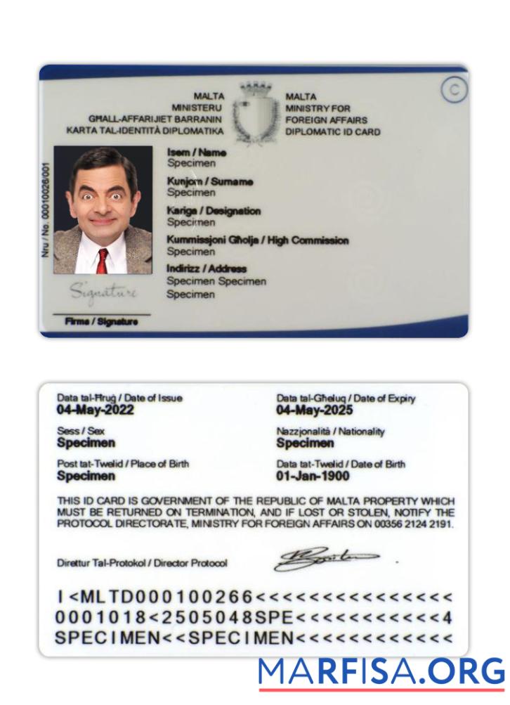 Printable Malta Diplomatic ID Card download for verification