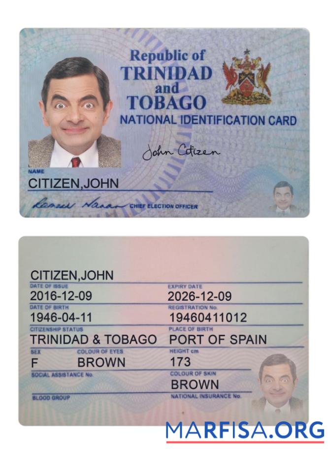 Downloadable Trinidad And Tobago ID Card 2016 Present download for verification