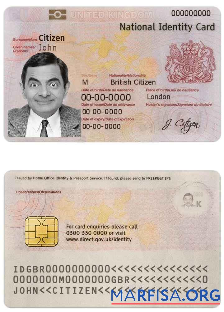 Printable United Kingdom ID (Identity Card) download for verification