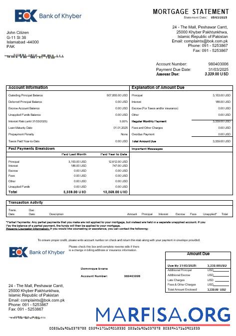 Blank Pakistan The Bank of Khyber mortgage statement in Word and PDF formats download for verification
