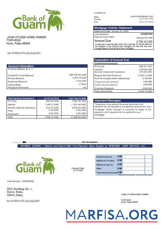 Blank Palau Guamanian bank mortgage statement in Word and PDF formats template