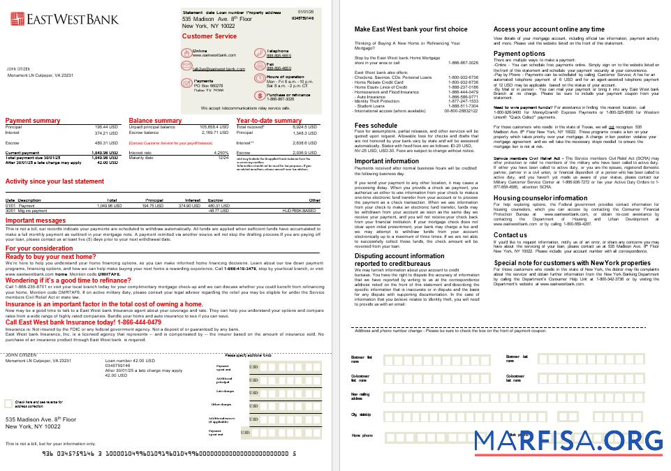 Downloadable USA East West Bank mortgage statement in Word and PDF formats, 2 download for verification