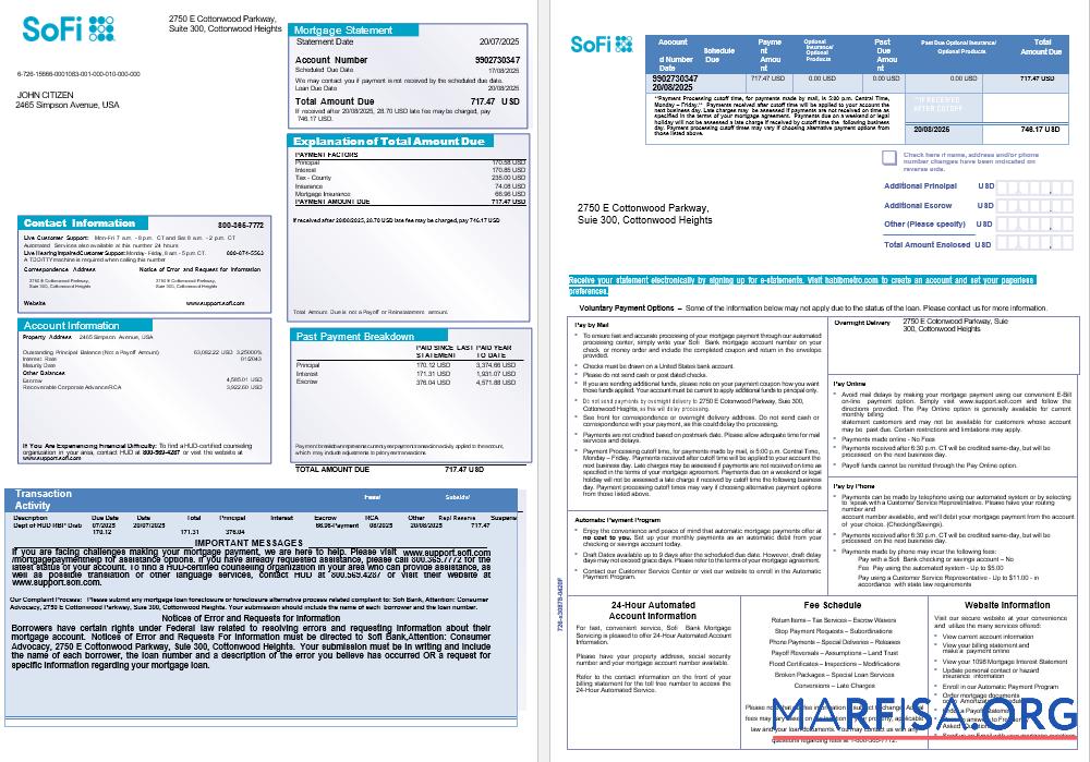 Downloadable USA Sofi bank mortgage statement in Word and PDF formats, 3 pages template