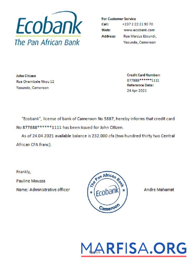 Blank Cameroon Ecobank reference sample